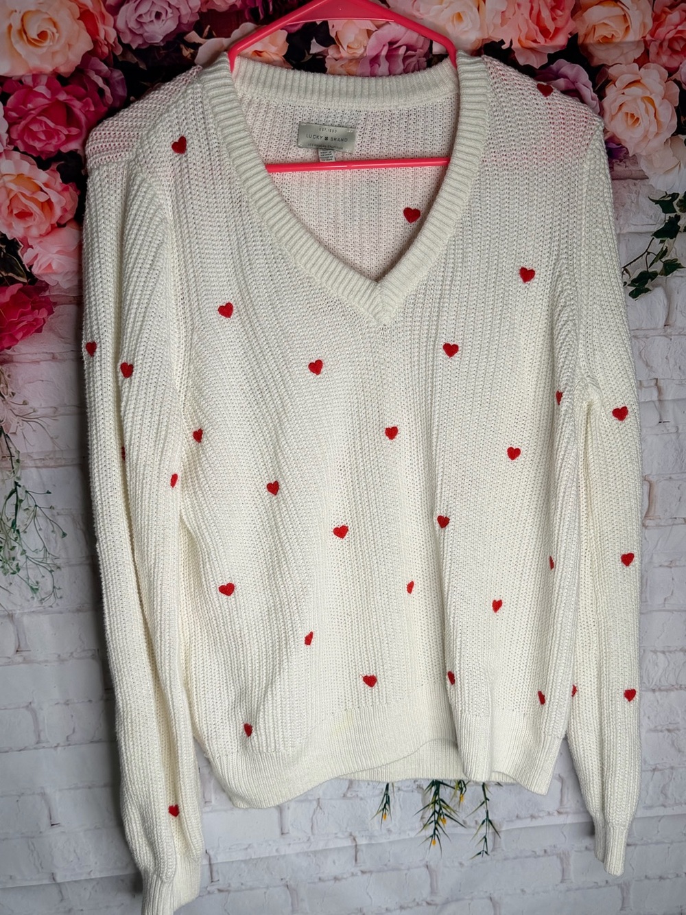 Lucky Brand Ivory V-Neck Sweater with Red Heart Embroidery